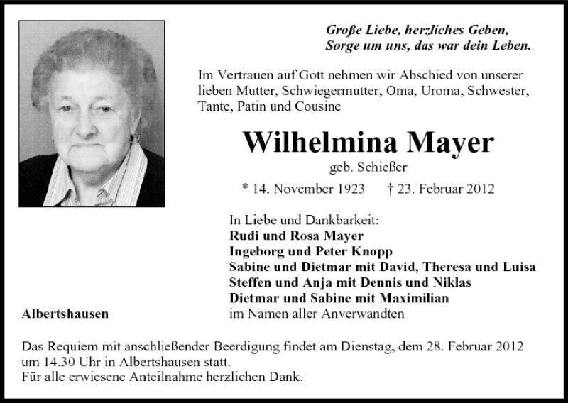  Traueranzeige für Wilhelmina Mayer vom 25.02.2012 aus MGO
