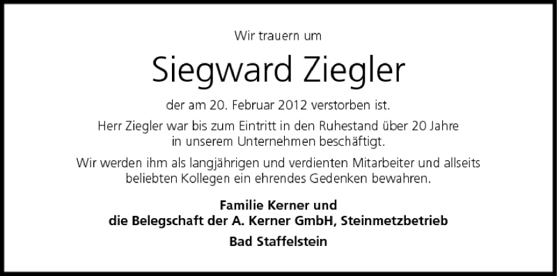 Traueranzeige für Siegward Ziegler vom 25.02.2012 aus MGO