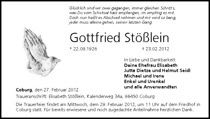  Traueranzeige für Gottfried Stößlein vom 27.02.2012 aus MGO
