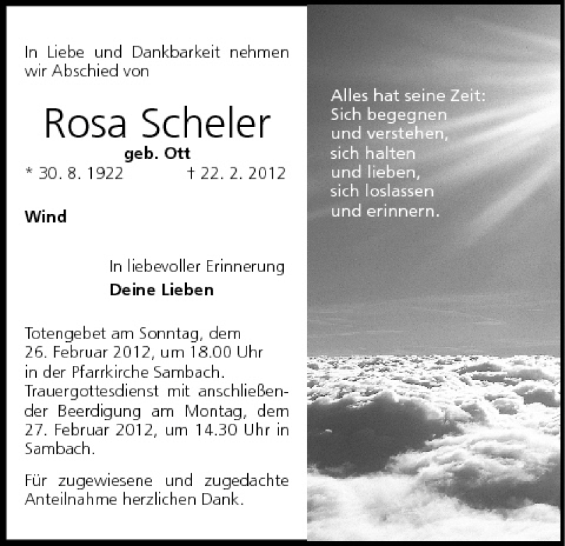 Traueranzeige für Rosa Scheler vom 25.02.2012 aus MGO