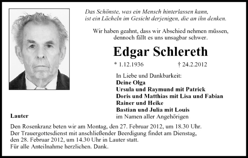  Traueranzeige für Edgar Schlereth vom 25.02.2012 aus MGO