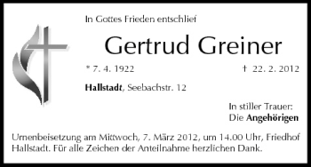 Anzeige von Gertrud Greiner von MGO