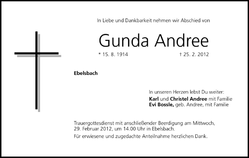  Traueranzeige für Gunda Andree vom 27.02.2012 aus MGO