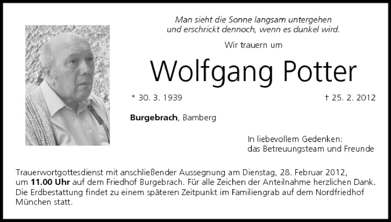  Traueranzeige für Wolfgang Potter vom 27.02.2012 aus MGO