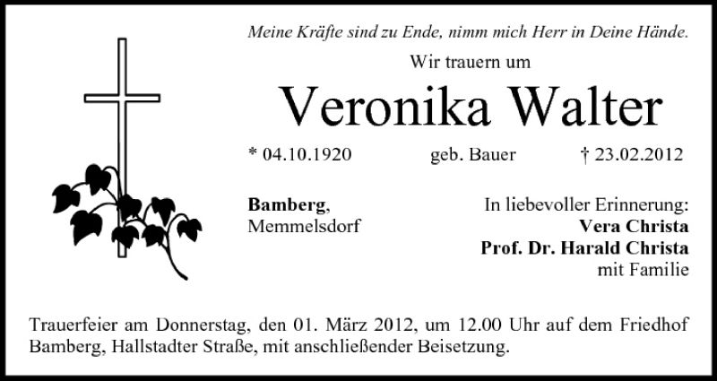  Traueranzeige für Veronika Walter vom 28.02.2012 aus MGO