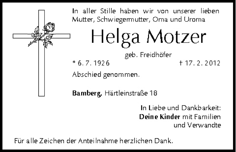  Traueranzeige für Helga Motzer vom 03.03.2012 aus MGO
