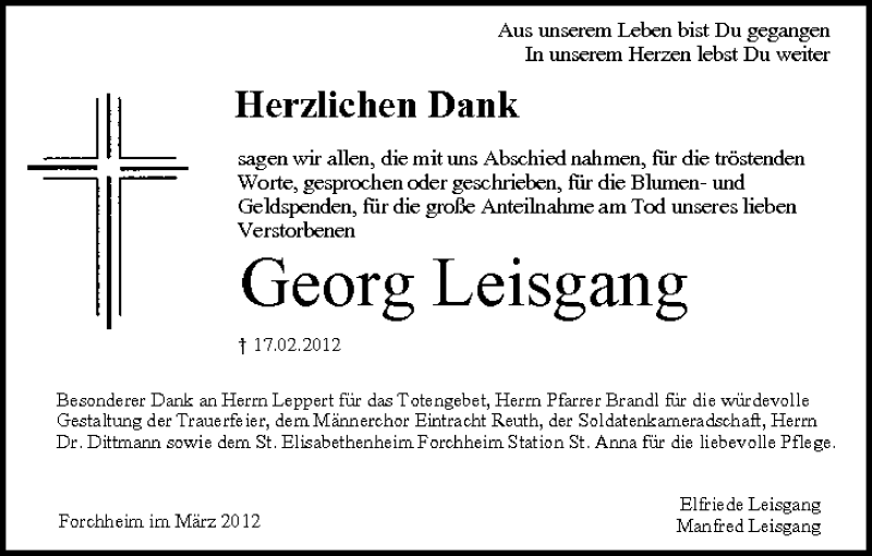  Traueranzeige für Georg Leisgang vom 03.03.2012 aus MGO