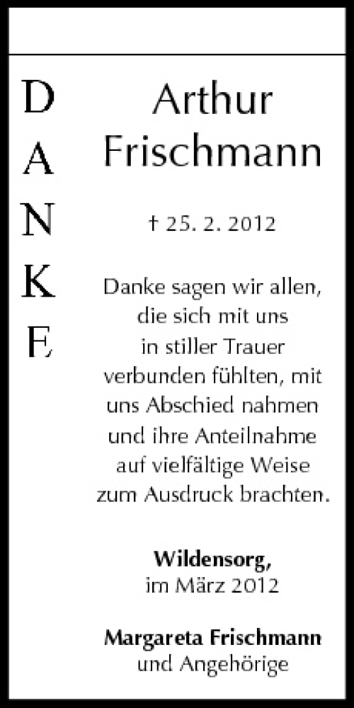  Traueranzeige für Arthur Frischmann vom 03.03.2012 aus MGO