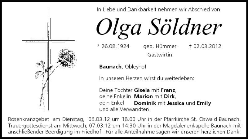  Traueranzeige für Olga Söldner vom 05.03.2012 aus MGO