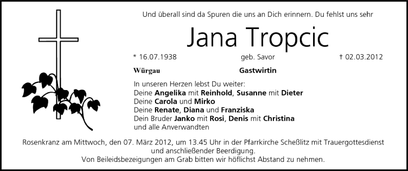 Traueranzeige für Jana Tropcic vom 05.03.2012 aus MGO