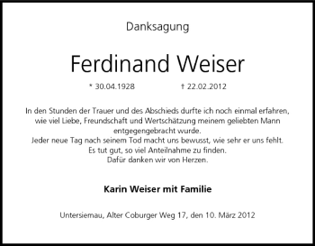 Anzeige von Ferdinand Weiser von MGO