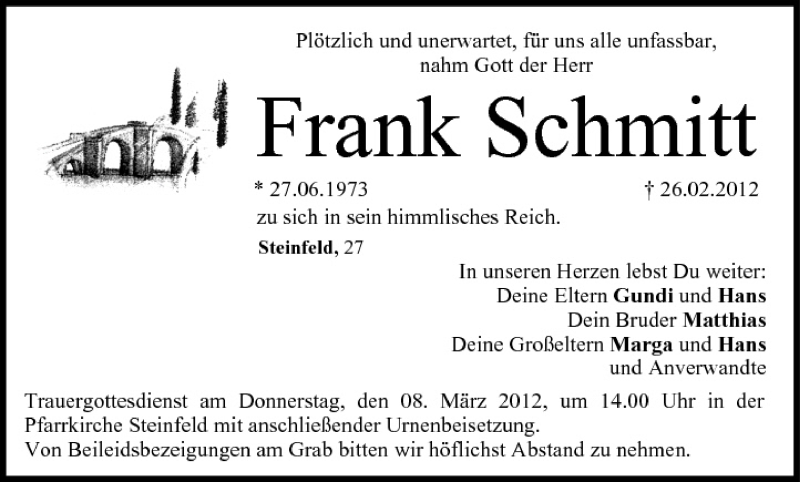  Traueranzeige für Frank Schmitt vom 06.03.2012 aus MGO