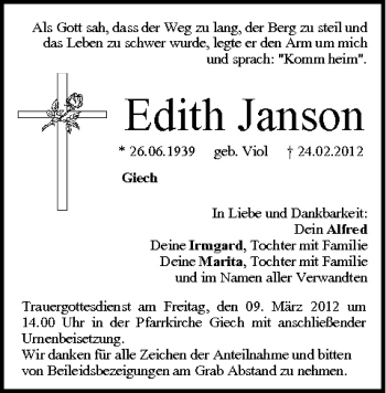 Anzeige von Edith Janson von MGO
