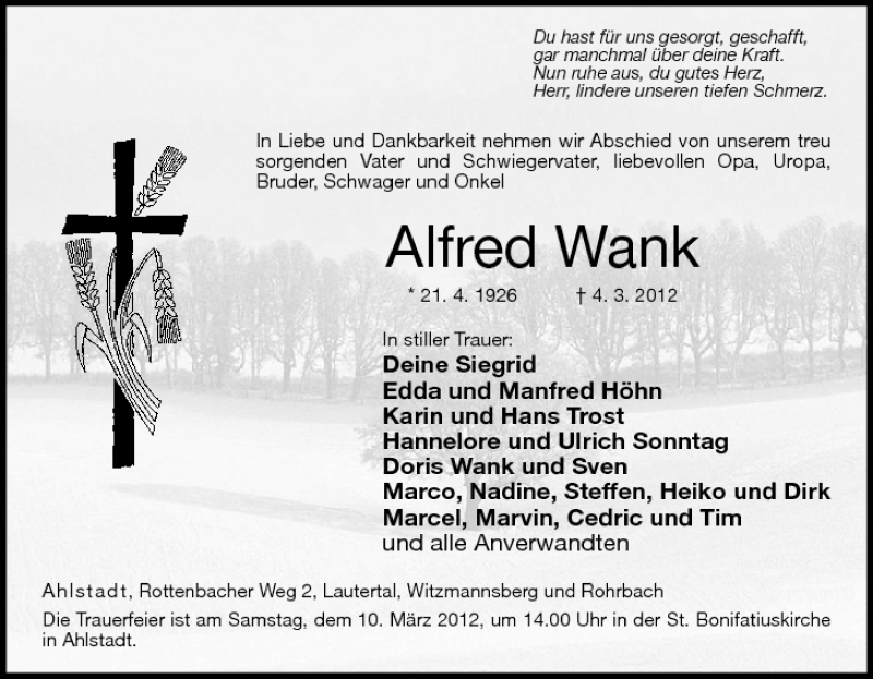  Traueranzeige für Alfred Wank vom 07.03.2012 aus MGO