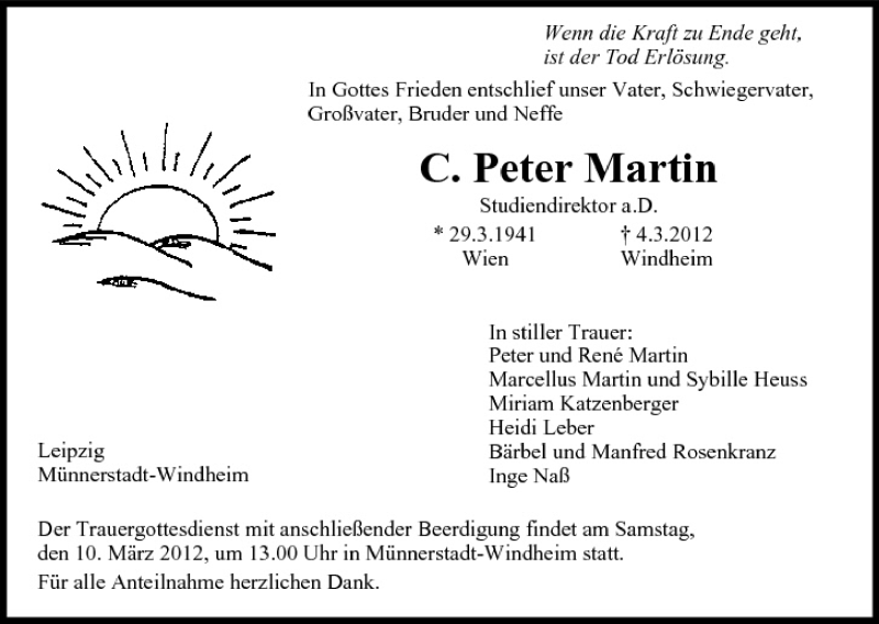  Traueranzeige für Peter Martin vom 07.03.2012 aus MGO