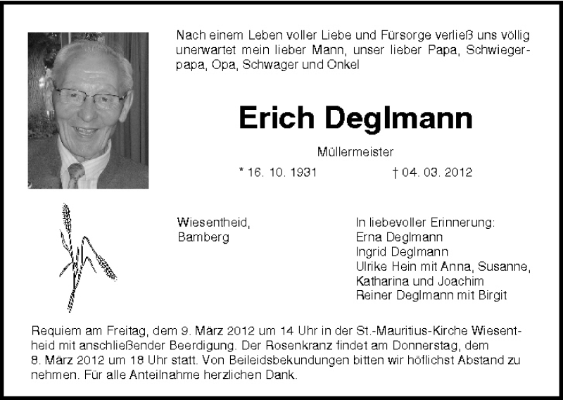  Traueranzeige für Erich Deglmann vom 07.03.2012 aus MGO