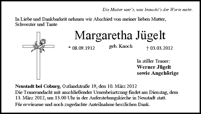  Traueranzeige für Margaretha Jügelt vom 10.03.2012 aus MGO