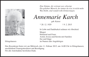 Anzeige von Annemarie Karch von MGO