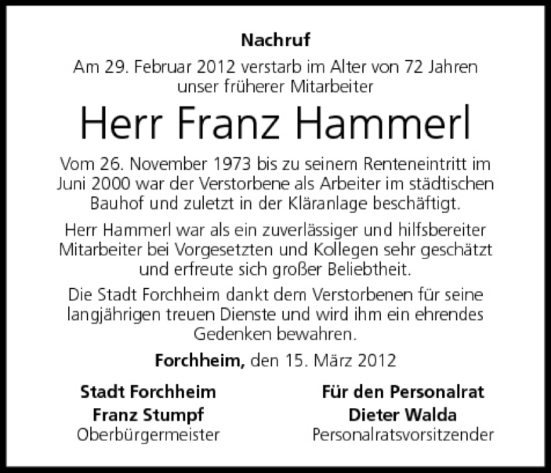  Traueranzeige für Franz Hammerl vom 16.03.2012 aus MGO