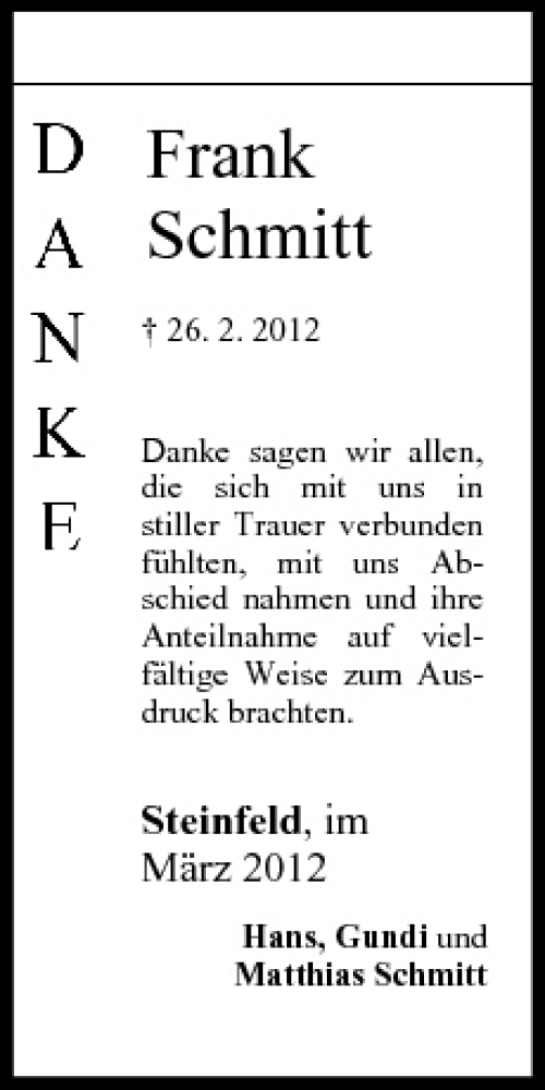  Traueranzeige für Frank Schmitt vom 24.03.2012 aus MGO