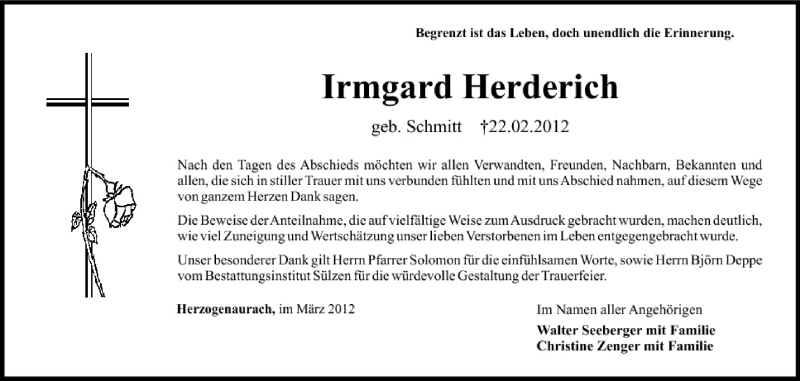  Traueranzeige für Irmgard Herderich vom 24.03.2012 aus MGO