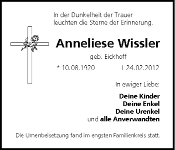 Anzeige von Anneliese Wissler von MGO