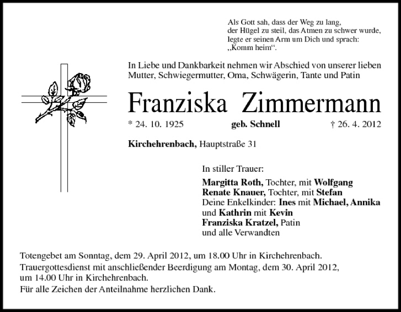  Traueranzeige für Franziska Zimmermann vom 28.04.2012 aus MGO