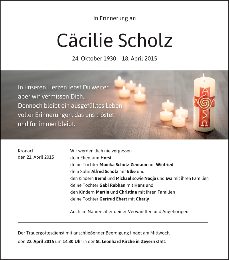  Traueranzeige für Cäcilie Scholz vom 21.04.2015 aus MGO