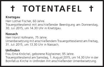 Anzeige von Totentafel vom 30.07.2015 von MGO