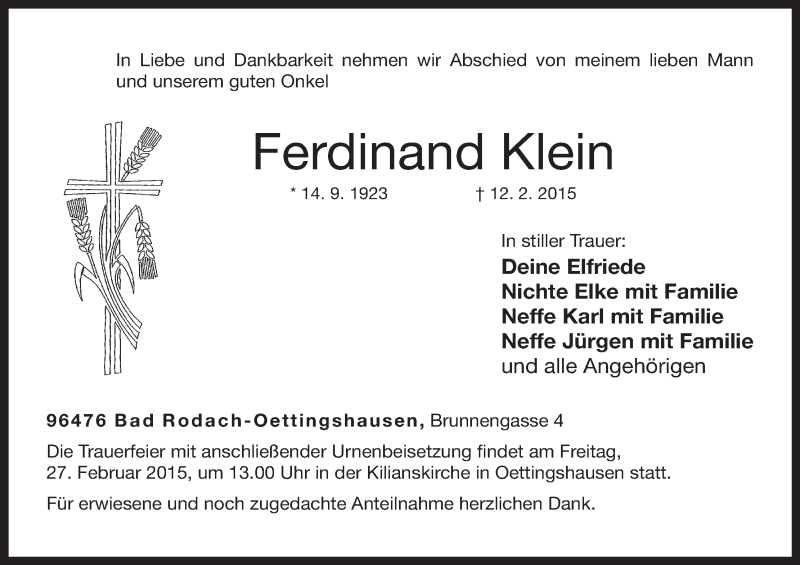  Traueranzeige für Ferdinand Klein vom 24.02.2015 aus MGO