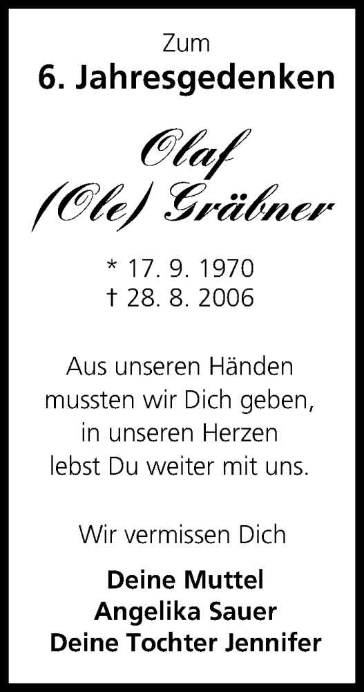  Traueranzeige für Olaf Gräbner vom 28.08.2012 aus MGO