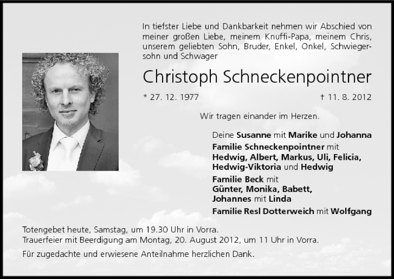  Traueranzeige für Christoph Schneckenpointner vom 18.08.2012 aus MGO