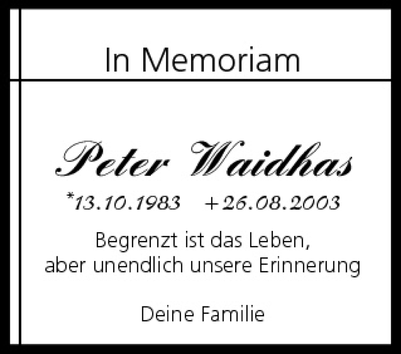  Traueranzeige für Peter Waidhas vom 25.08.2012 aus MGO