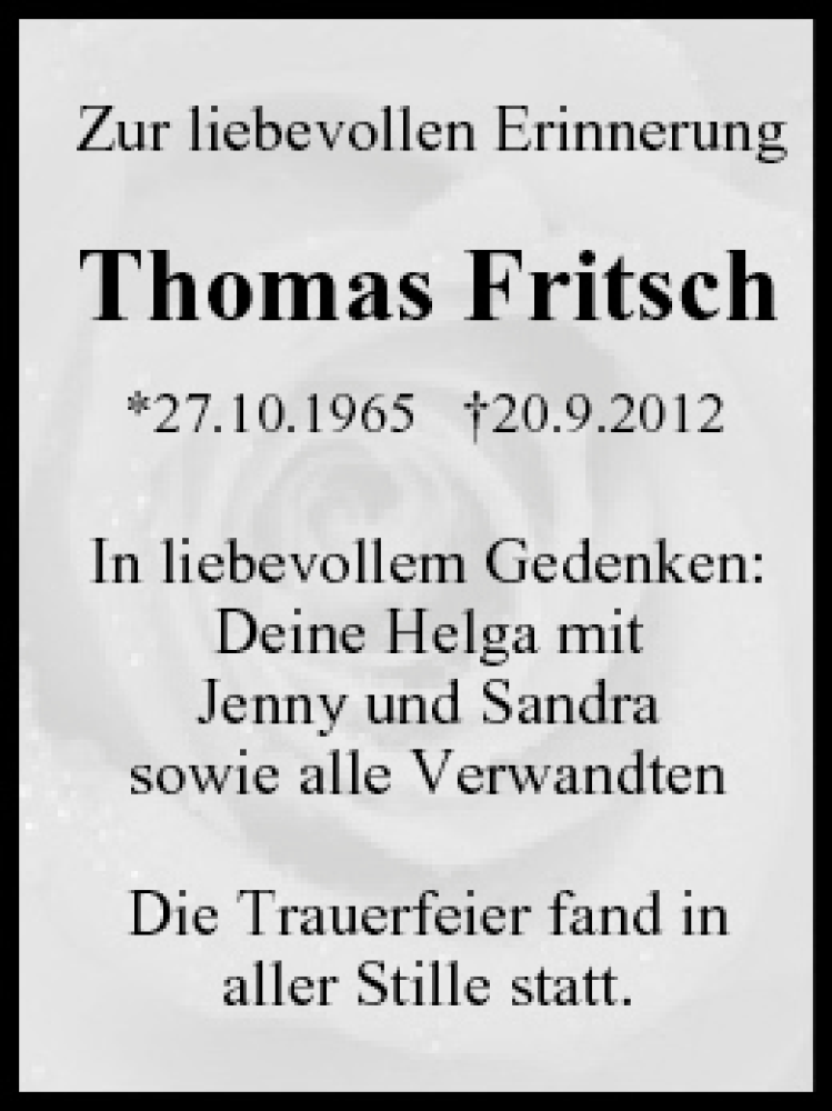  Traueranzeige für Thomas Fritsch vom 22.09.2012 aus MGO
