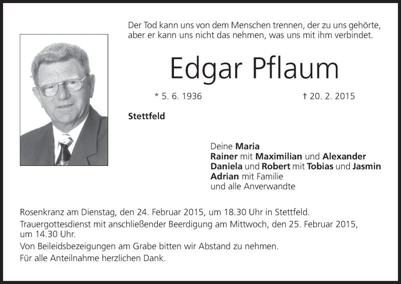  Traueranzeige für Edgar Pflaum vom 23.02.2015 aus MGO