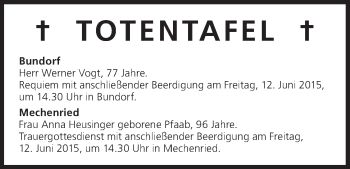 Anzeige von Totentafel, vom 12.06.2015 von MGO