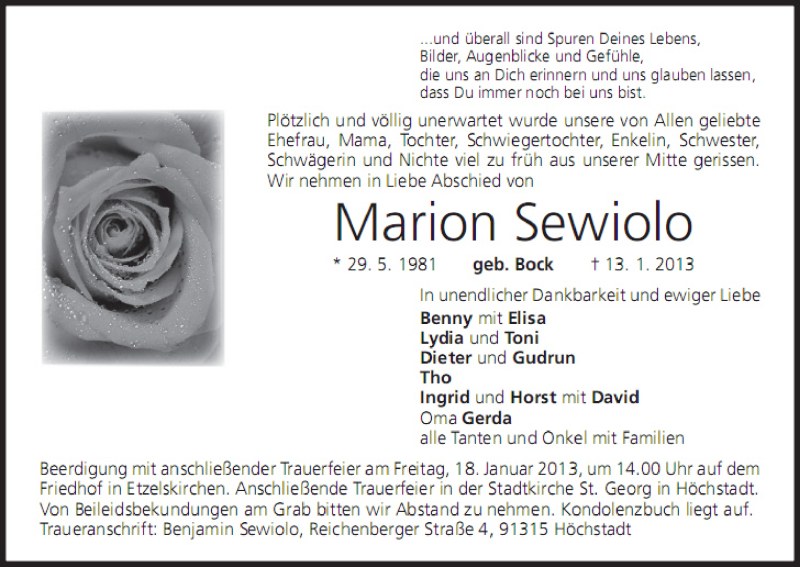  Traueranzeige für Marion Sewiolo vom 16.01.2013 aus MGO