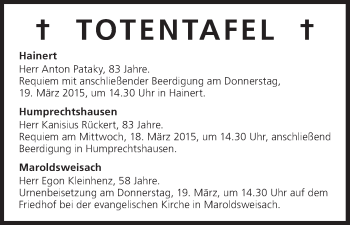 Anzeige von Totentafel vom 17.03.2015 von MGO