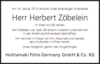Anzeige von Herbert Zöbelein von MGO