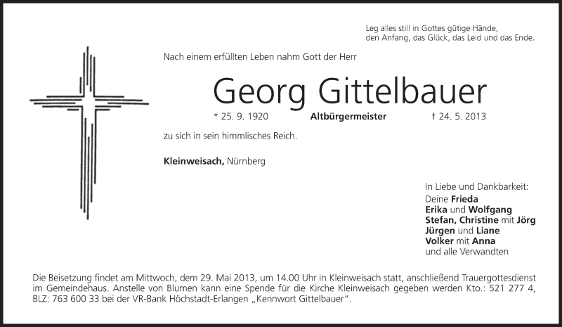  Traueranzeige für Georg Gittelbauer vom 27.05.2013 aus MGO
