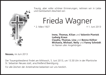 Anzeige von Frieda Wagner von MGO