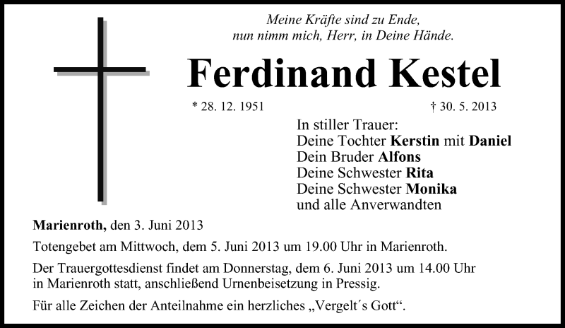  Traueranzeige für Ferdinand Kestel vom 03.06.2013 aus MGO