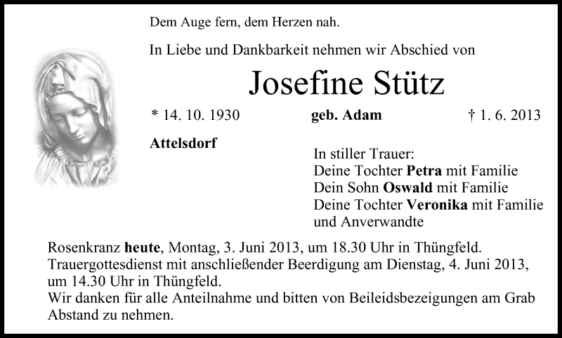  Traueranzeige für Josefine Stütz vom 03.06.2013 aus MGO