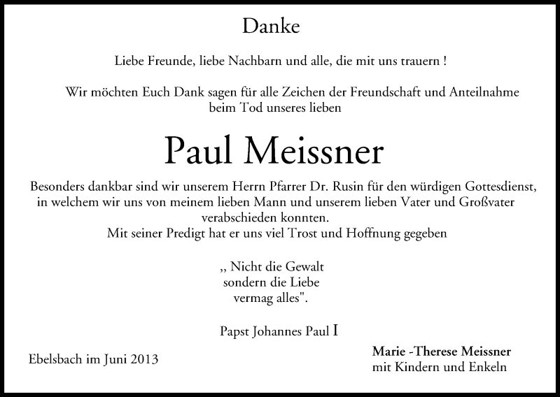  Traueranzeige für Paul Meissner vom 05.06.2013 aus MGO