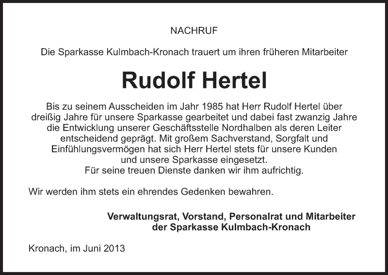  Traueranzeige für Rudi Hertel vom 05.06.2013 aus MGO