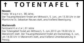 Anzeige von Totentafel vom 04.06.2013 von MGO