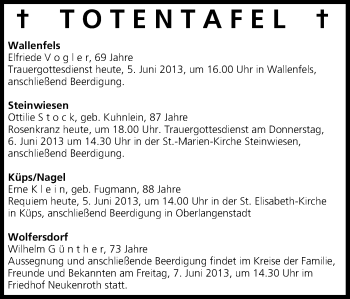 Anzeige von Totentafel vom 05.06.2013 von MGO