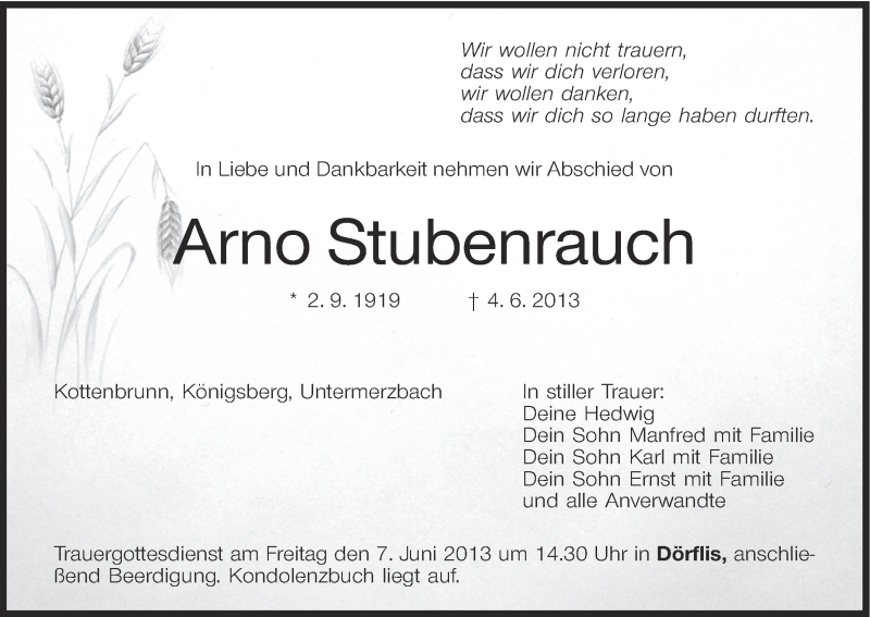  Traueranzeige für Arno Stubenrauch vom 06.06.2013 aus MGO