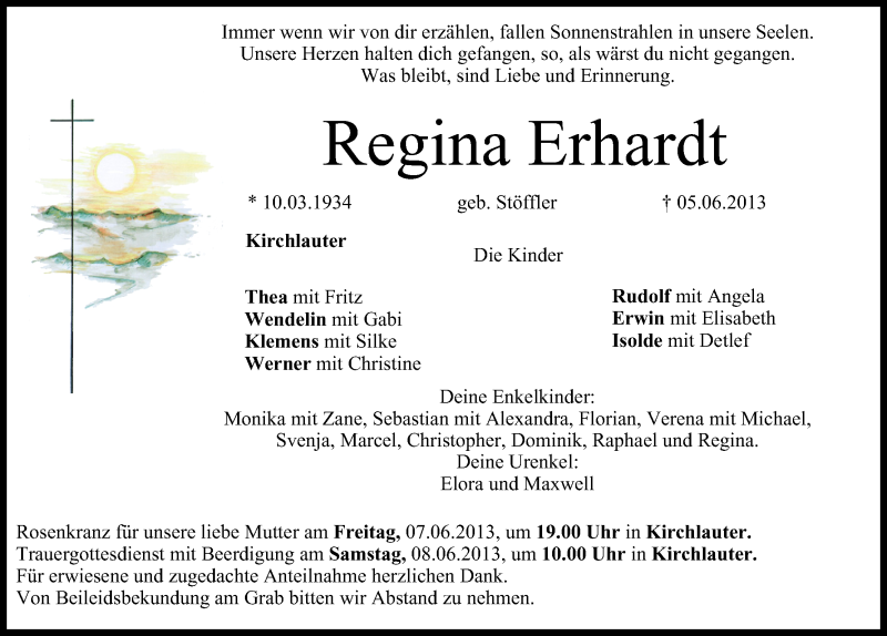  Traueranzeige für Regina Erhardt vom 06.06.2013 aus MGO