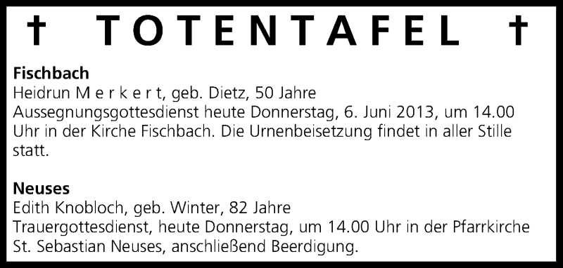  Traueranzeige für Totentafel vom 06.06.2013 vom 06.06.2013 aus MGO